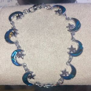 Silver Tone and Blue Abalone Moon and Star Bracelet